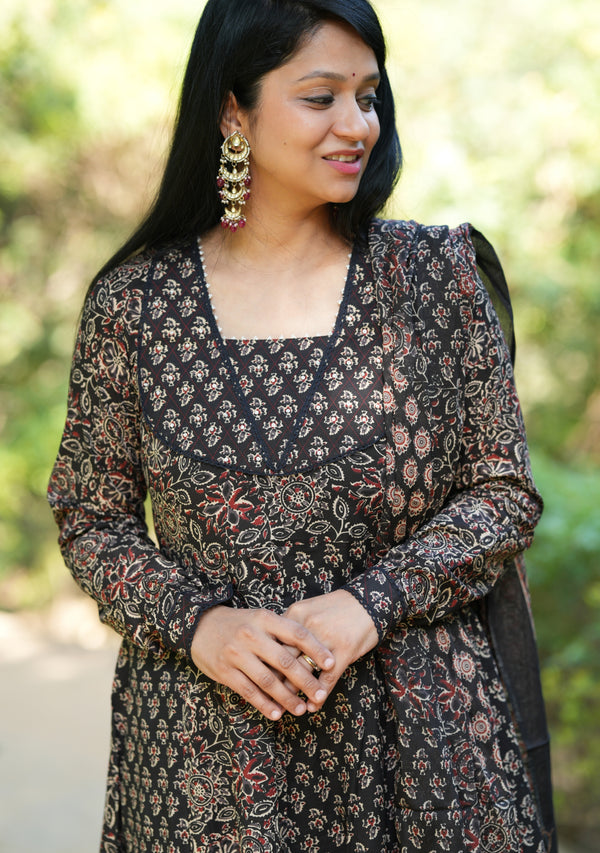 Manjiri Ajrak Cotton Anarkali Suit Sets- Black