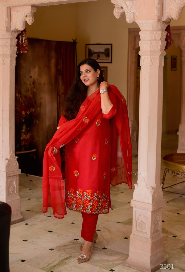 Savitri Red Kota Doria Embriodery Suit Sets