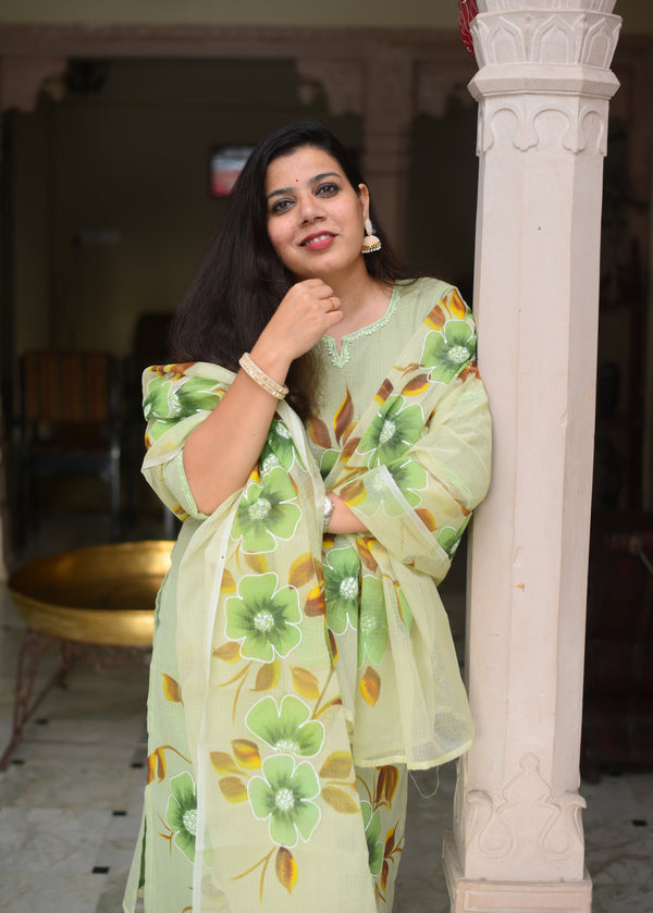 Hand Brush Kota Doria Suit Sets- Green