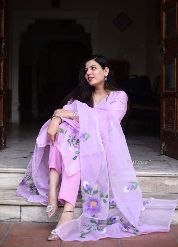 Hand Brush Kota Doria Suit Sets- Lavender