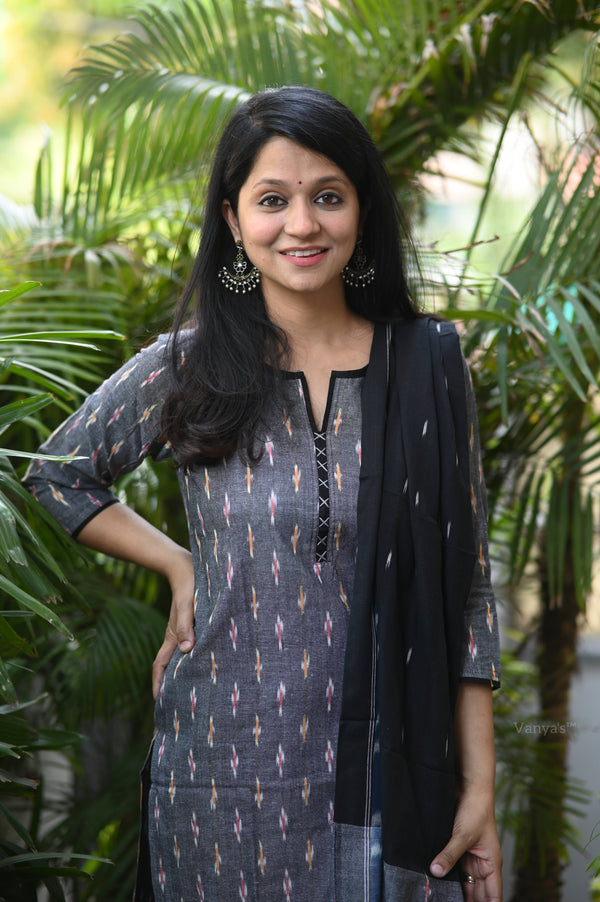 Gauri Grey Ikkat Kurta Suit Set