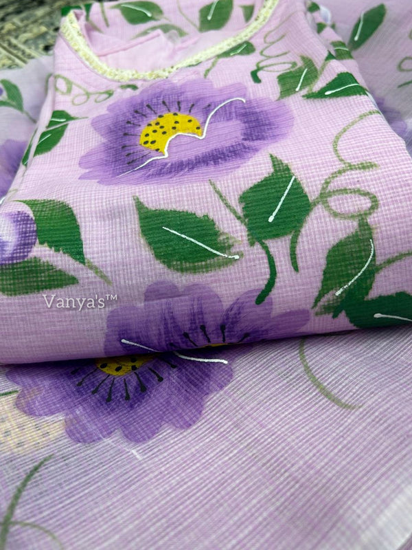 Hand Brush Kota Doria Suit Sets- Lavender