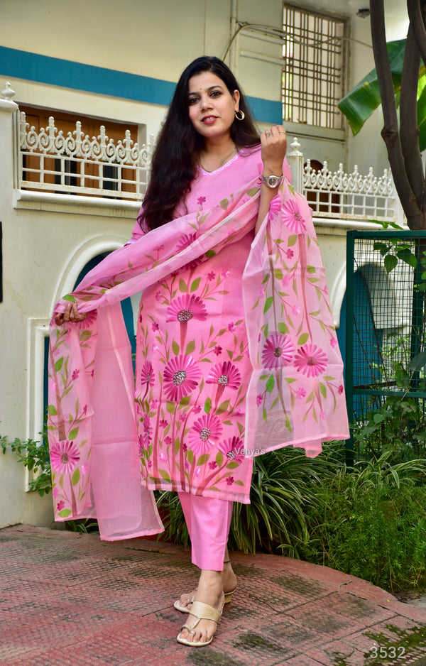 Hand Brush Kota Doria Suit Sets- Pink