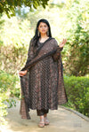 Manjiri Ajrak Cotton Anarkali Suit Sets- Black