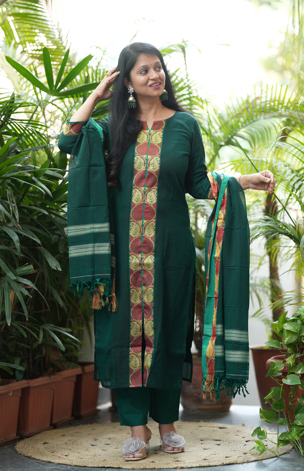 Narayanpeth Rajeshwari Handloom cotton Suit Set-Green