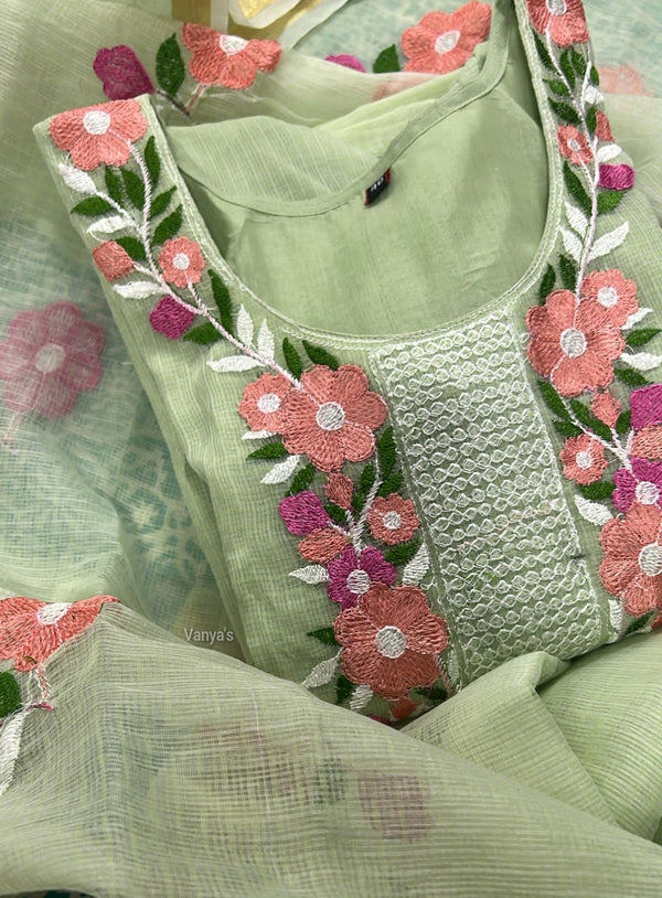 Phulwari Embroidery Kota Doria Suit- Mint and Cream