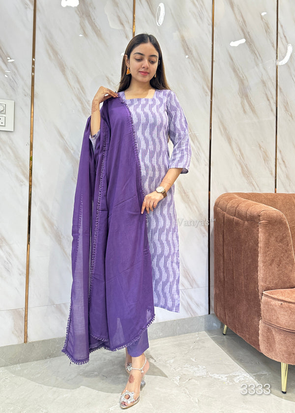 Lavender ikkath handloom breeze cotton suit- Buy1Get1