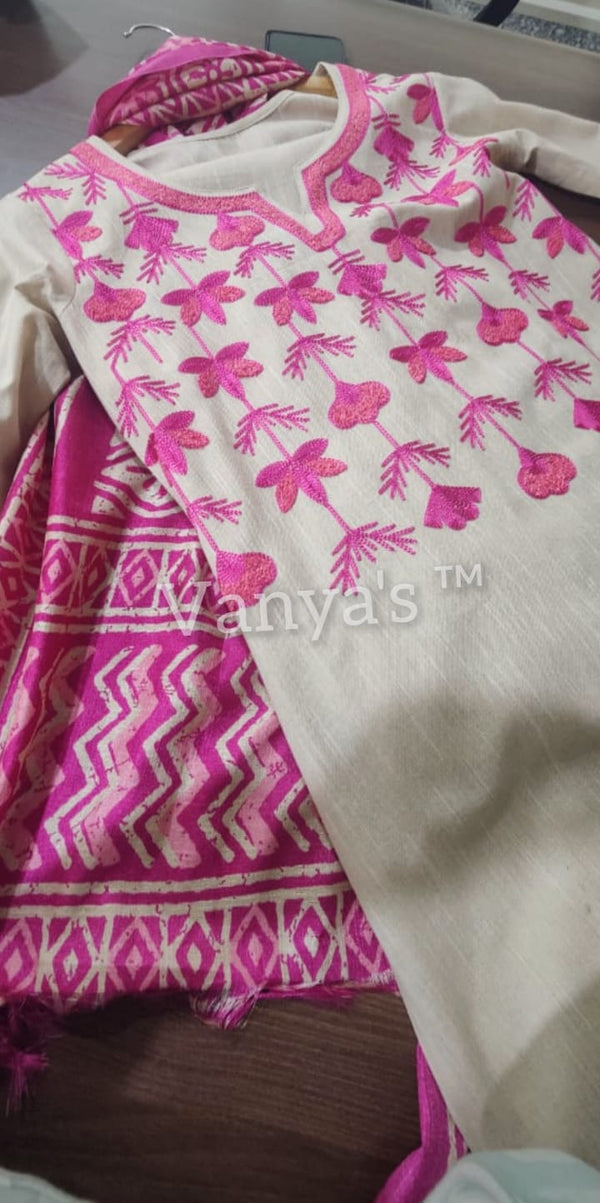 Khadi cotton embroidery suit sets-Buy1Get1 pink