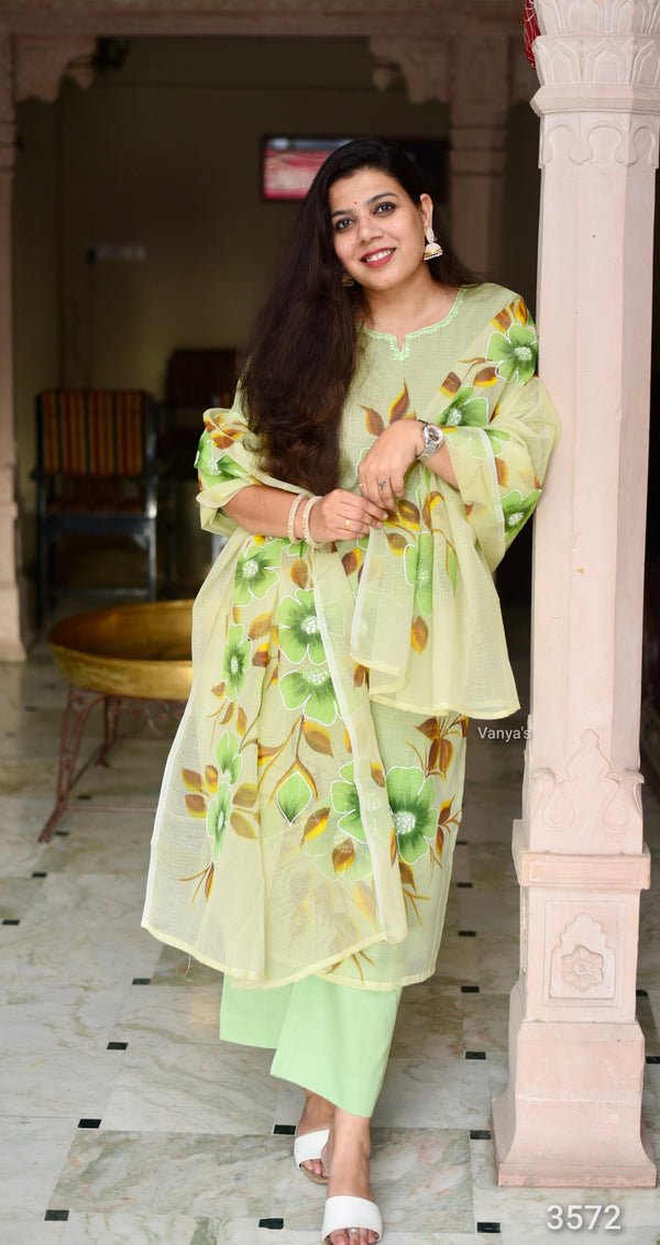 Hand Brush Kota Doria Suit Sets- Green
