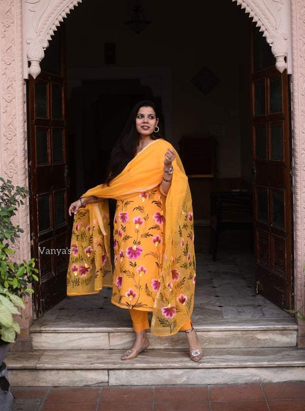 Hand Brush Kota Doria Suit Sets- Yellow