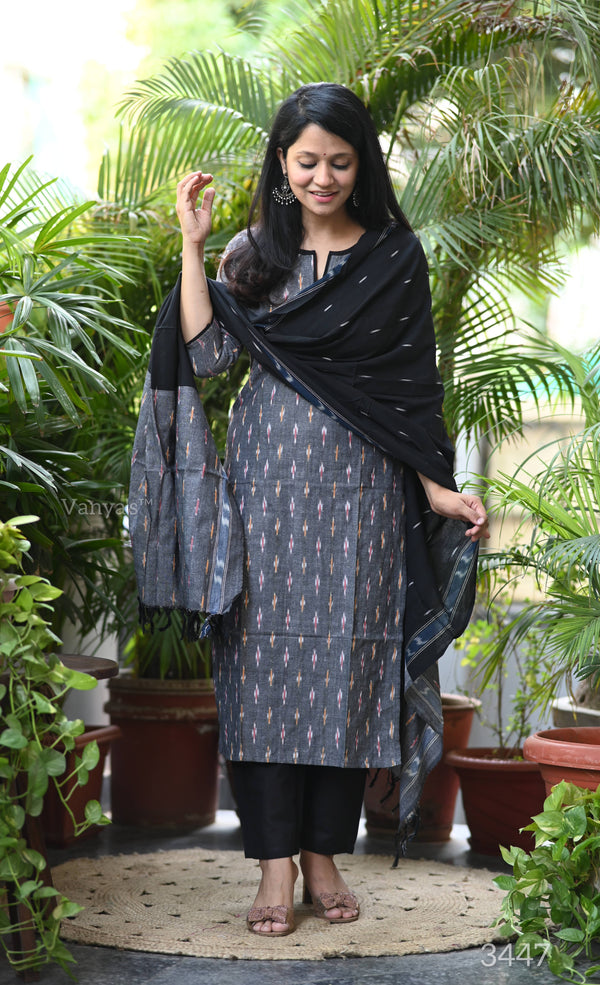 Gauri Grey Ikkat Kurta Suit Set