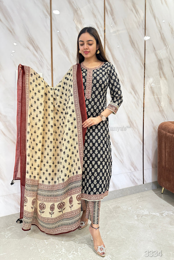 Black cream cotton kurta set-BUY1GET1