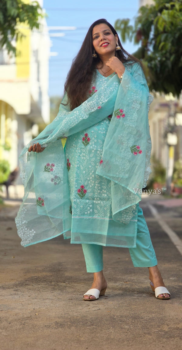 Meenakshi Aqua Embroidered Kota Doria