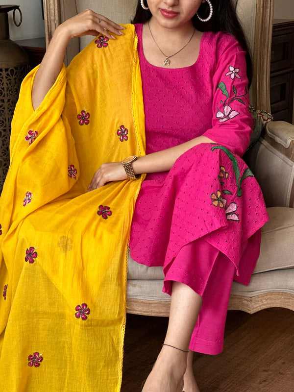 Pink Schiffle cotton with lining suits sets