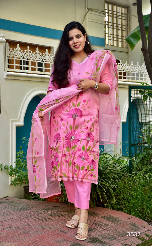 Hand Brush Kota Doria Suit Sets- Pink