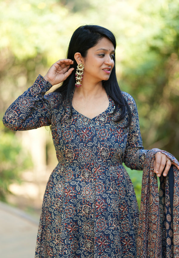 Manjiri Ajrak Cotton Anarkali Suit Sets- Blue