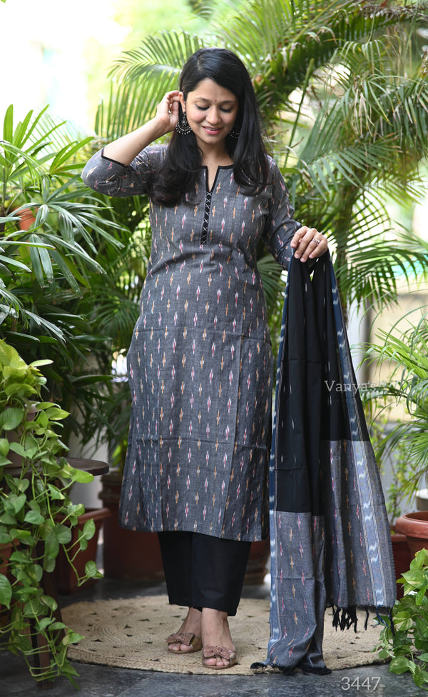 Gauri Grey Ikkat Kurta Suit Set