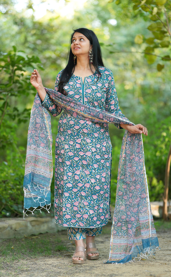 Thamarai Schiffli Hand block Cotton Suit Set with Doria Dupatta