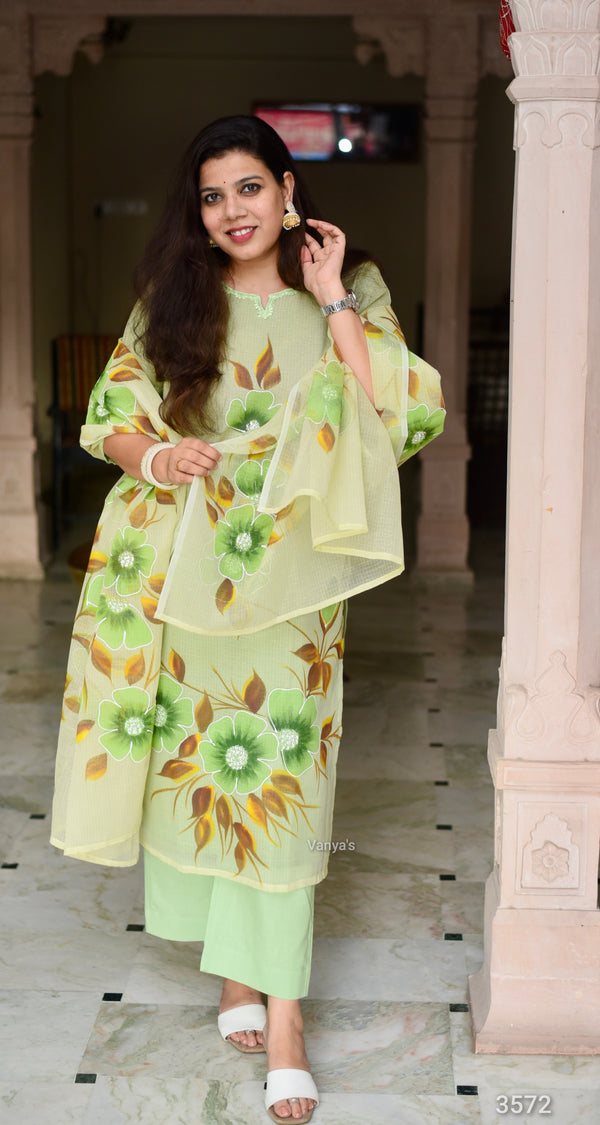 Hand Brush Kota Doria Suit Sets- Green