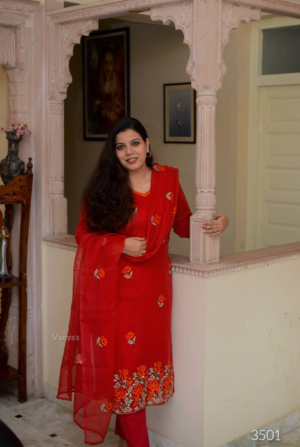 Savitri Red Kota Doria Embriodery Suit Sets