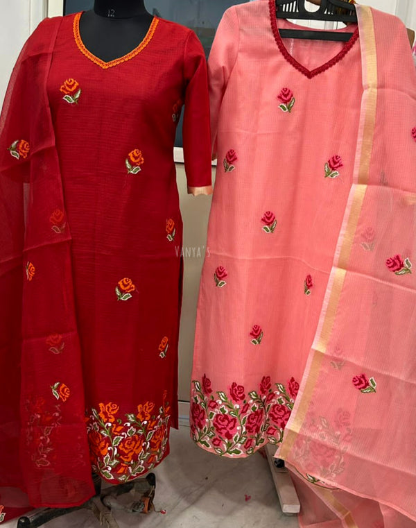 Kavitri Red Kota Doria Embroidery Suit Sets