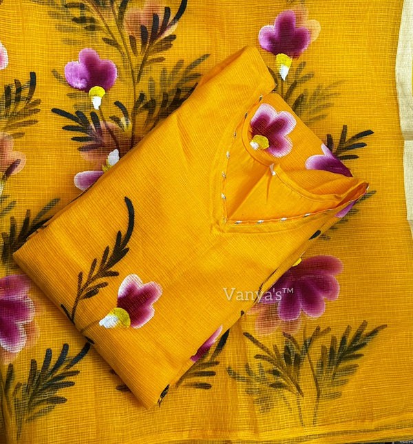 Hand Brush Kota Doria Suit Sets- Yellow