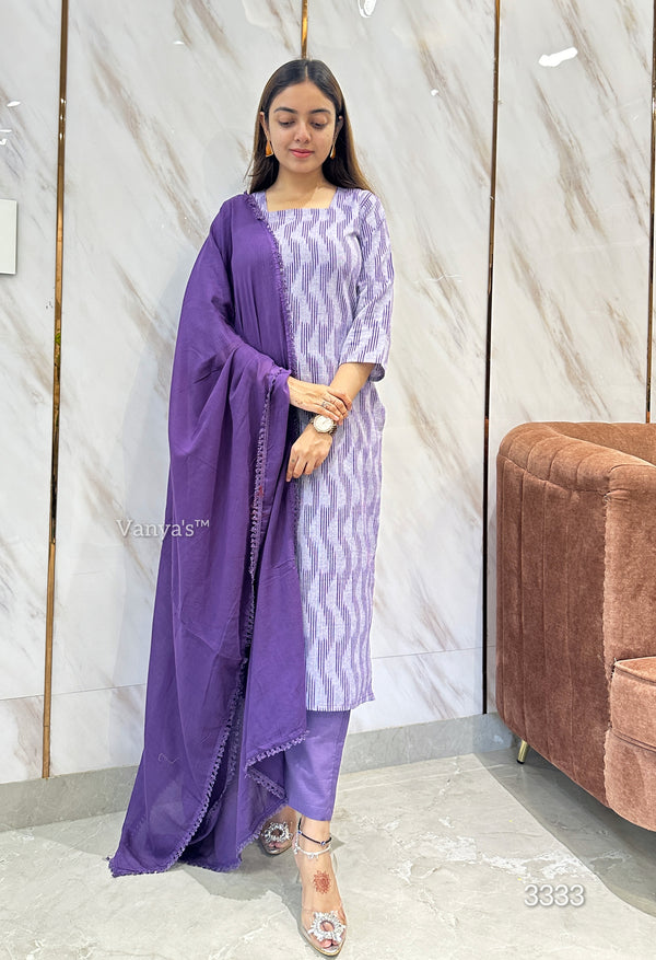 Lavender ikkath handloom breeze cotton suit- Buy1Get1