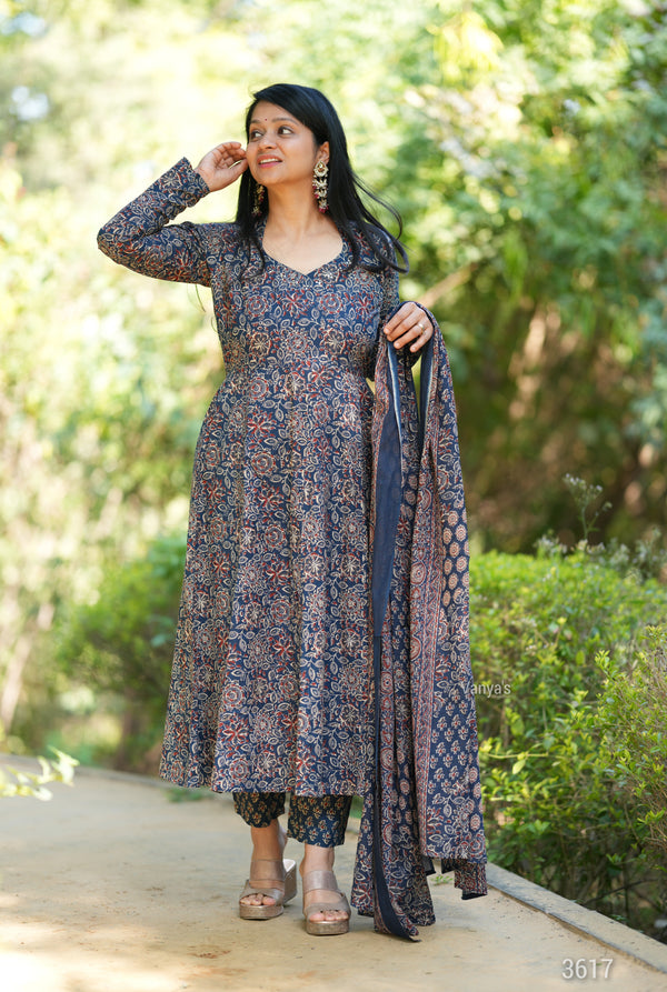 Manjiri Ajrak Cotton Anarkali Suit Sets- Blue