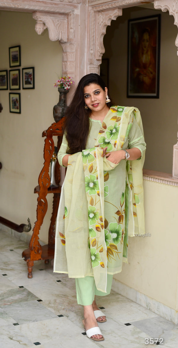 Hand Brush Kota Doria Suit Sets- Green