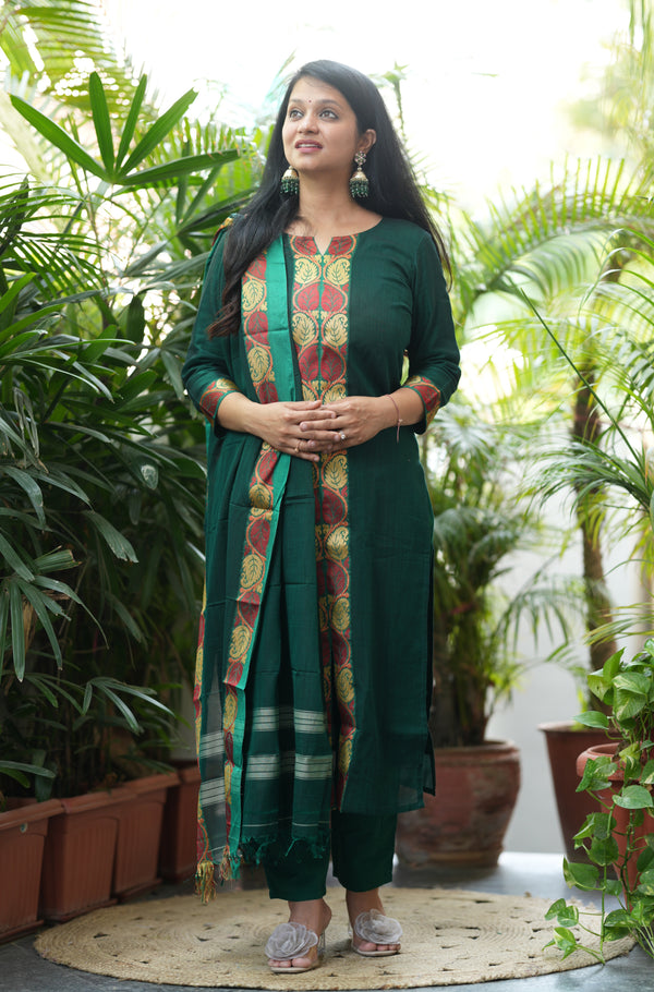 Narayanpeth Rajeshwari Handloom cotton Suit Set-Green