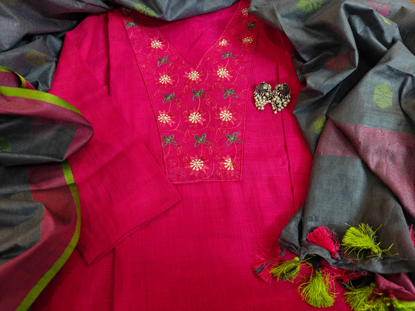 Karvi Handloom cotton Suit sets with linen Duppata