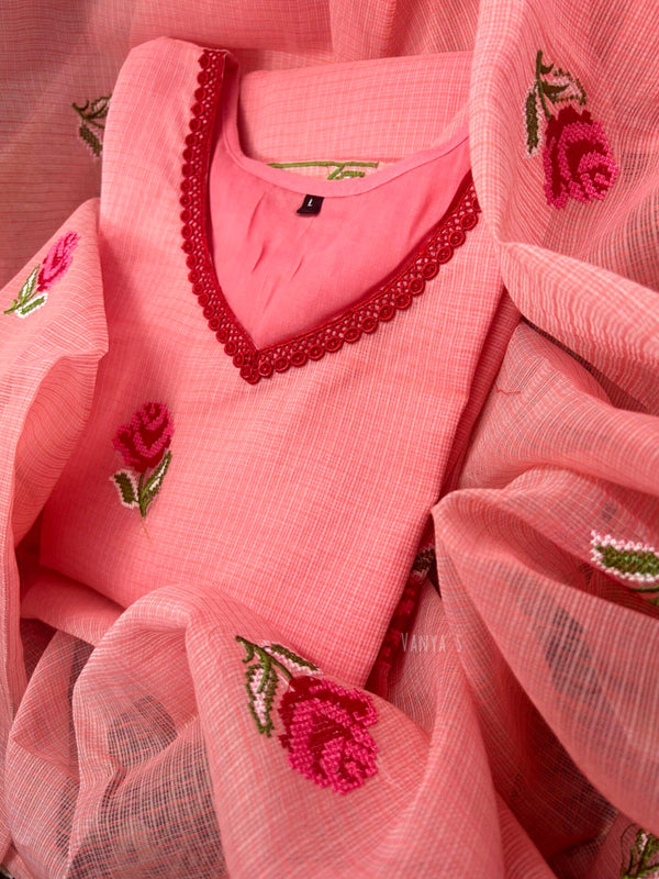 Kavitri Red Kota Doria Embroidery Suit Sets