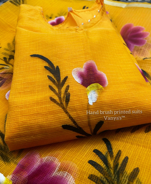 Hand Brush Kota Doria Suit Sets- Yellow