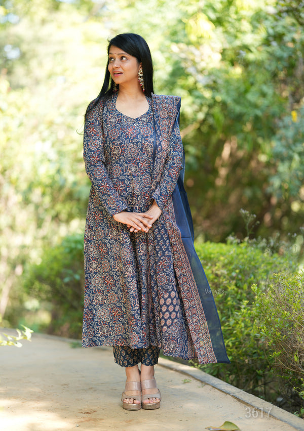 Manjiri Ajrak Cotton Anarkali Suit Sets- Blue