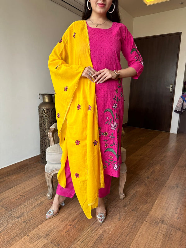 Pink Schiffle cotton with lining suits sets