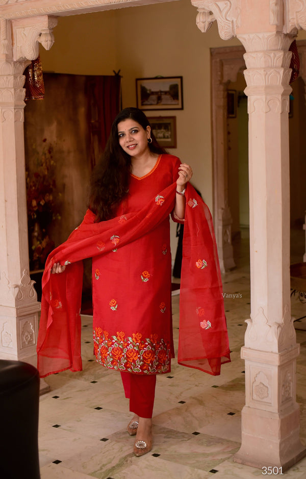 Savitri Red Kota Doria Embriodery Suit Sets