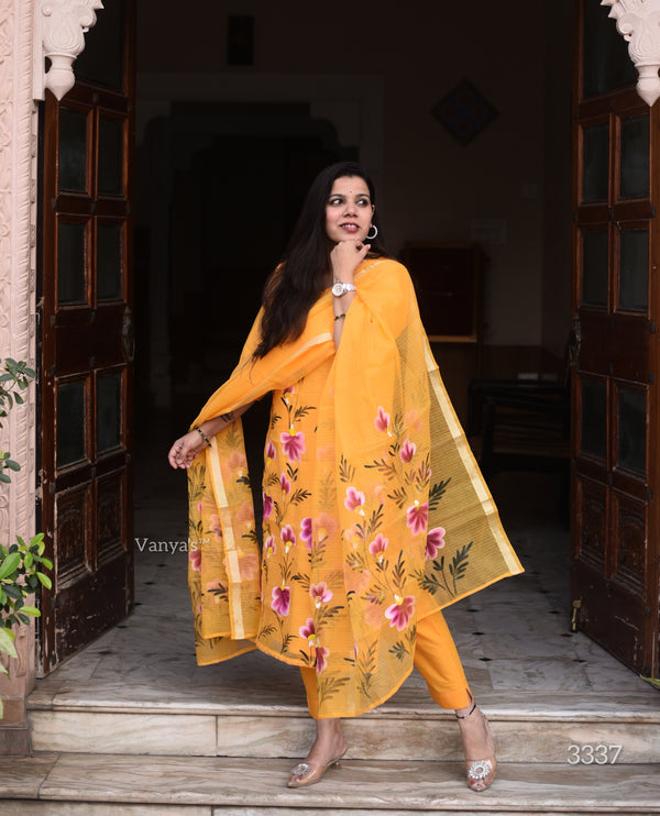 Hand Brush Kota Doria Suit Sets- Yellow