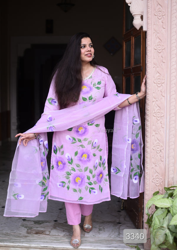 Hand Brush Kota Doria Suit Sets- Lavender