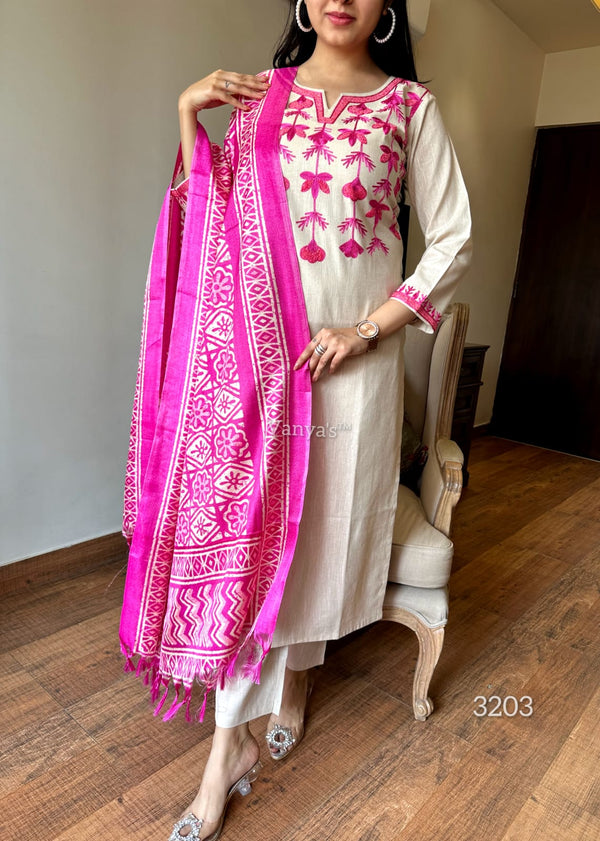 Khadi cotton embroidery suit sets-Buy1Get1 pink