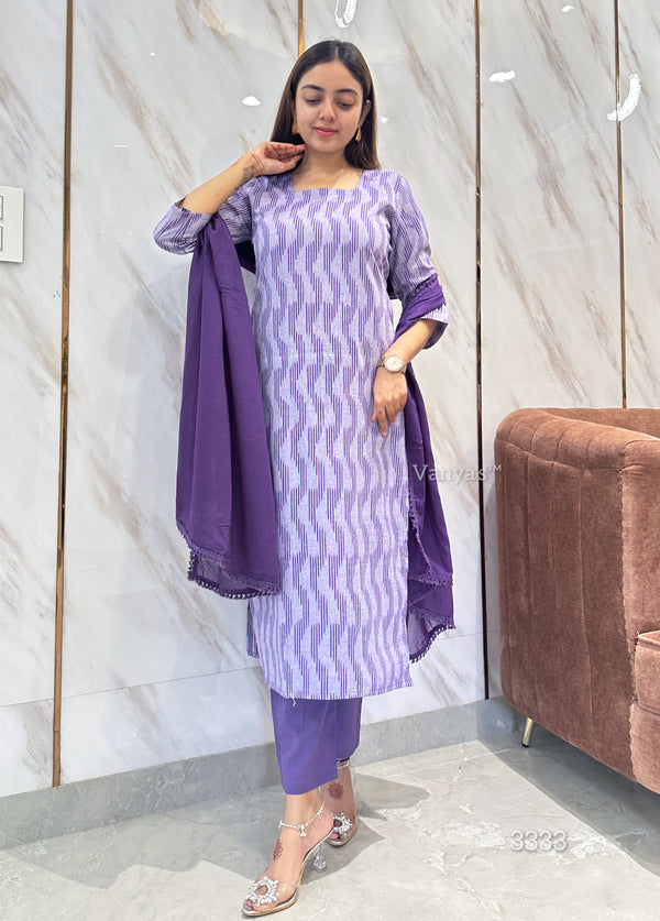 Lavender ikkath handloom breeze cotton suit- Buy1Get1