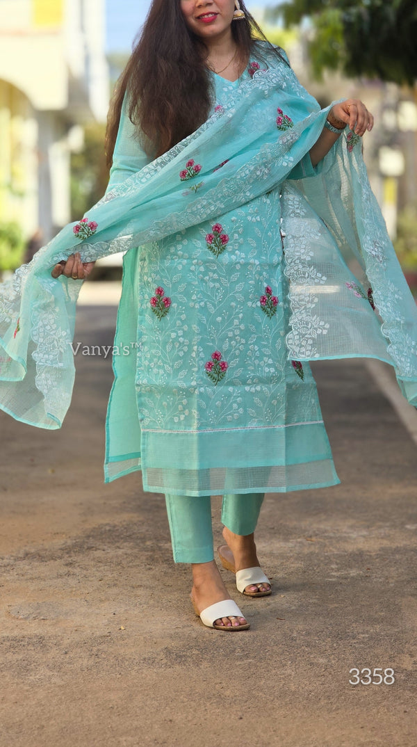 Meenakshi Aqua Embroidered Kota Doria