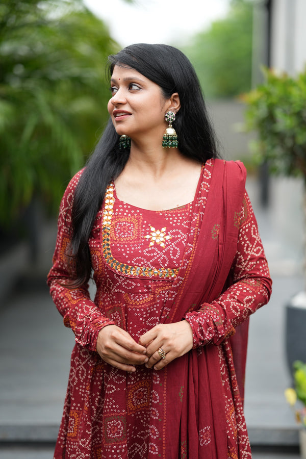 Savitri Red Bandhani Cotton Anarkali Suit Sets