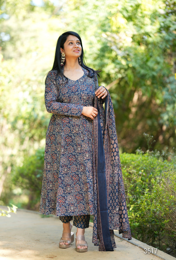 Manjiri Ajrak Cotton Anarkali Suit Sets- Blue