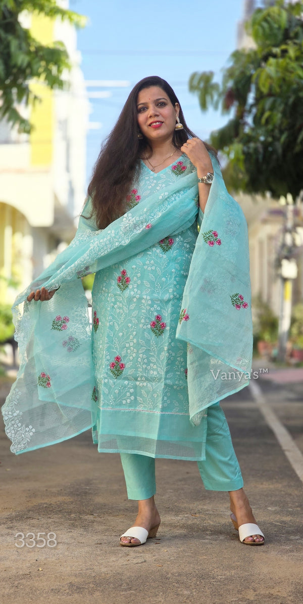Meenakshi Aqua Embroidered Kota Doria