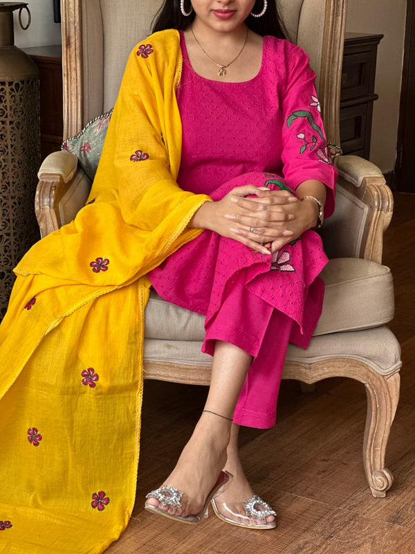 Pink Schiffle cotton with lining suits sets