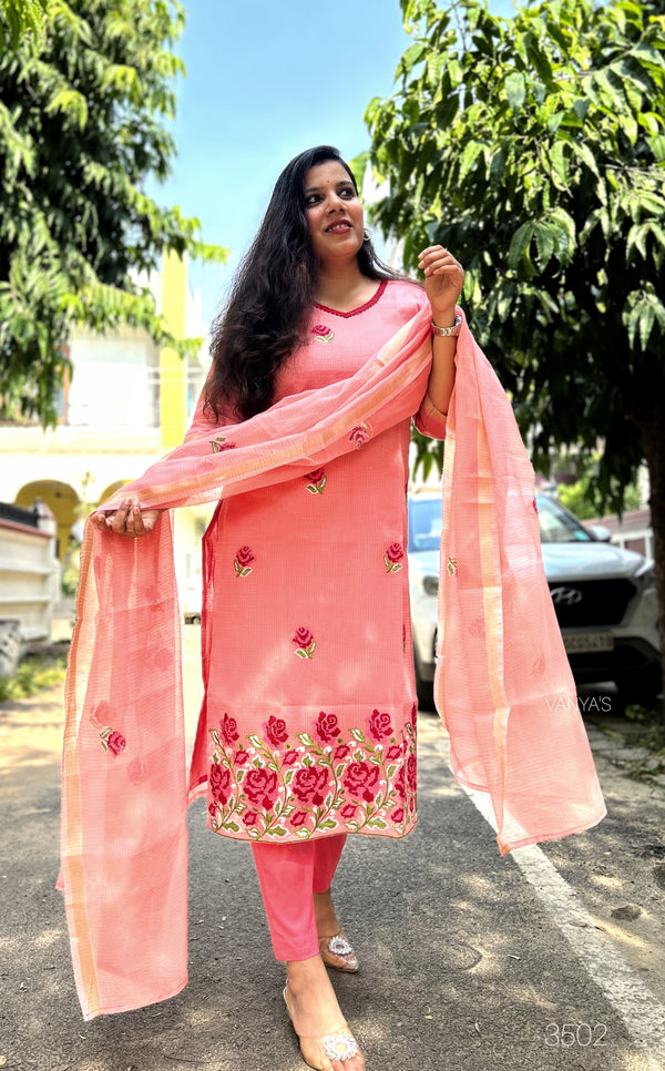 Kavitri Red Kota Doria Embroidery Suit Sets