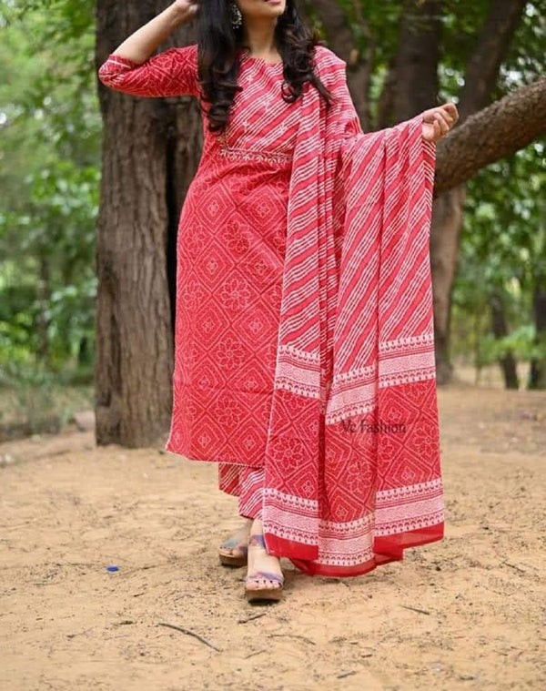 Red bandhej cotton embroidery suits sets-Buy1Get1 offer