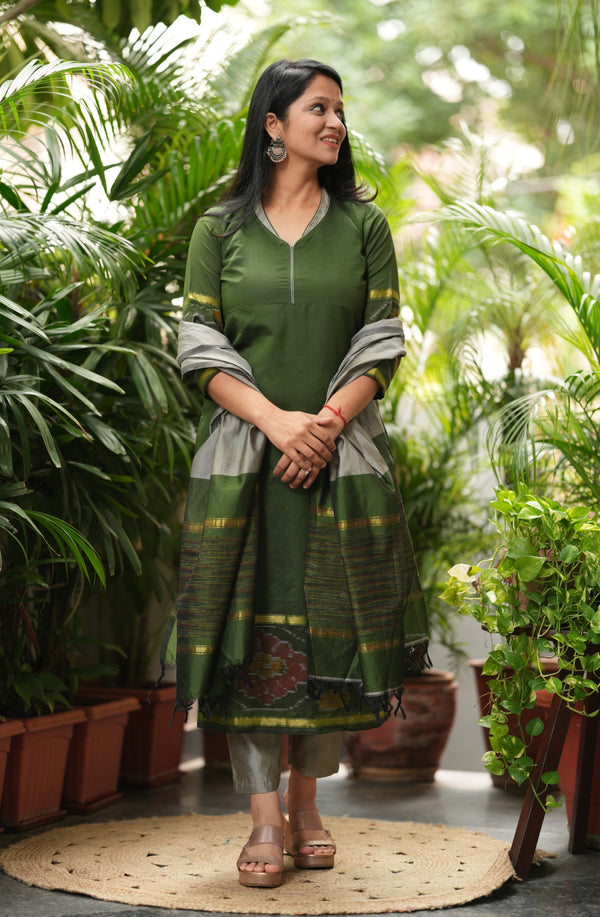 Silken Vana β Pochampally Elegance Suit in Olive Sage