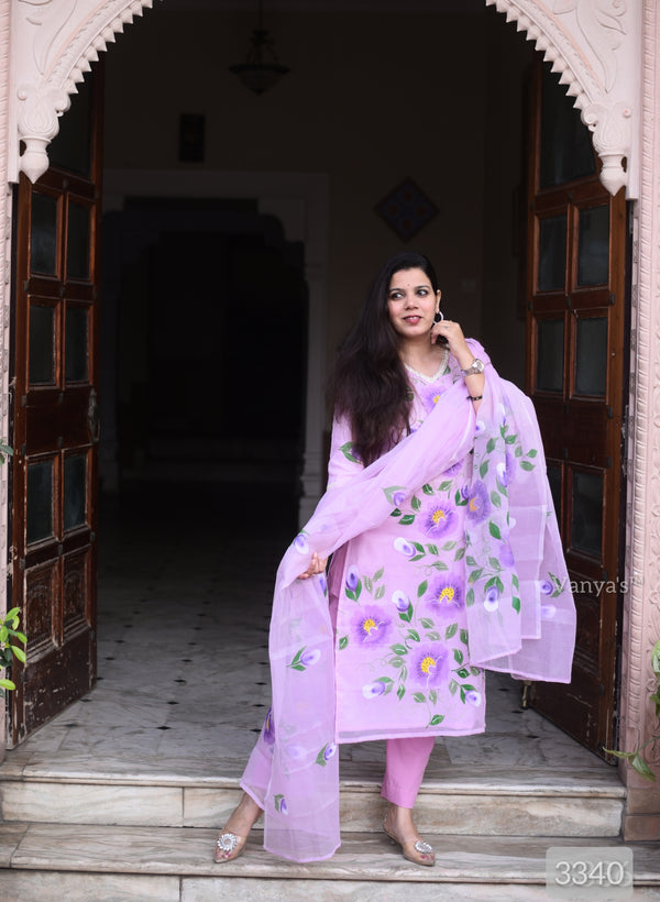 Hand Brush Kota Doria Suit Sets- Lavender