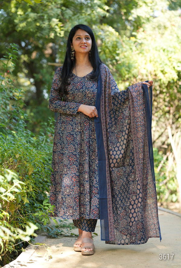 Manjiri Ajrak Cotton Anarkali Suit Sets- Blue